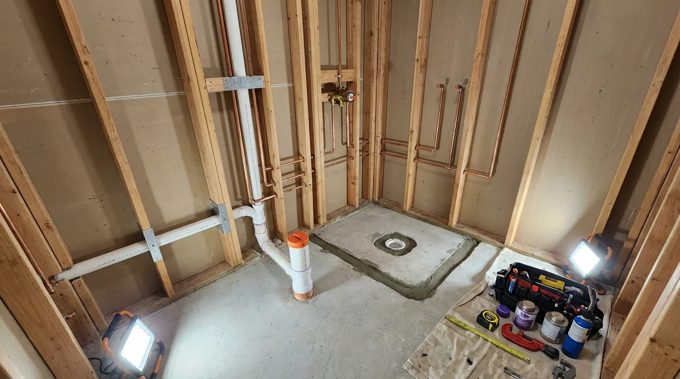 Bathroom rough-in plumbing during remodel by Johns Plumbing LLC in New Lexington