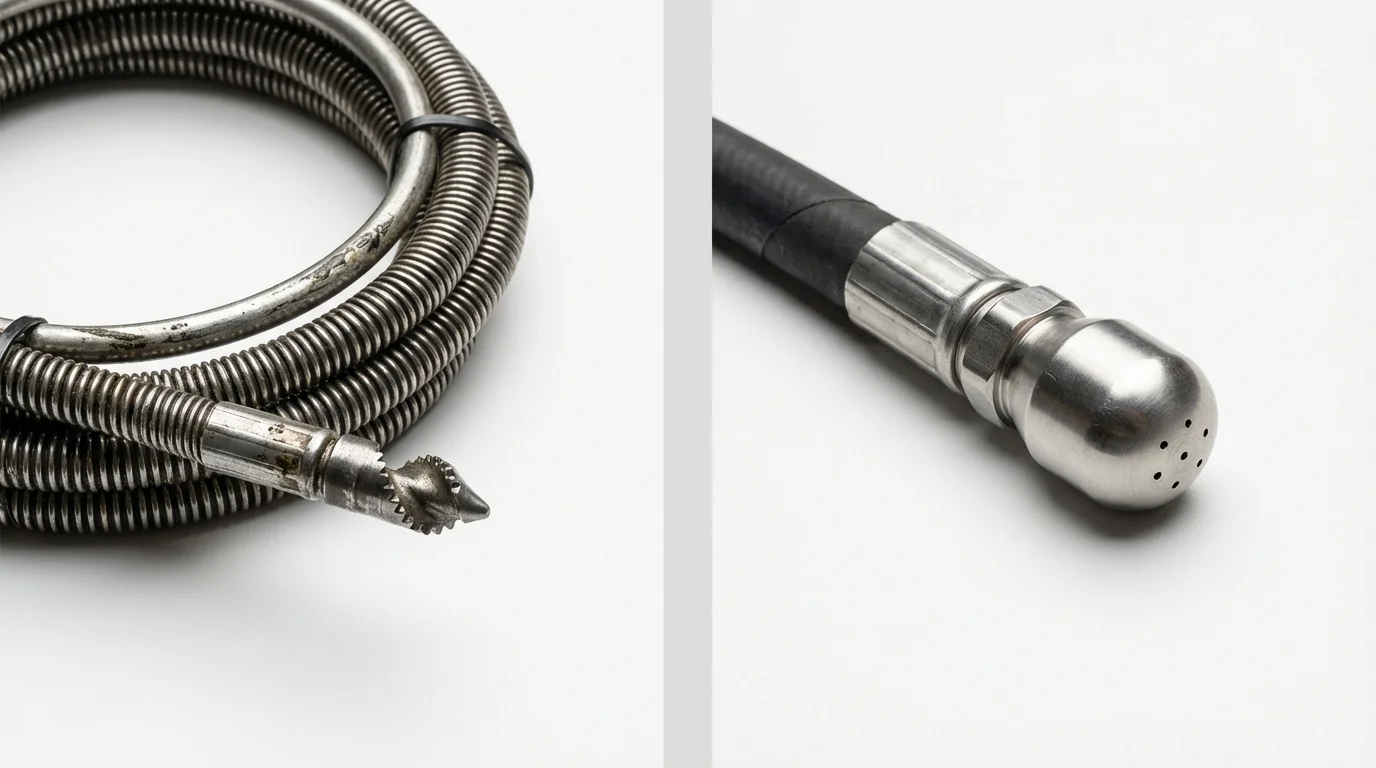 Drain snake cable and hydro jetting nozzle used for drain cleaning in New Lexington, OH