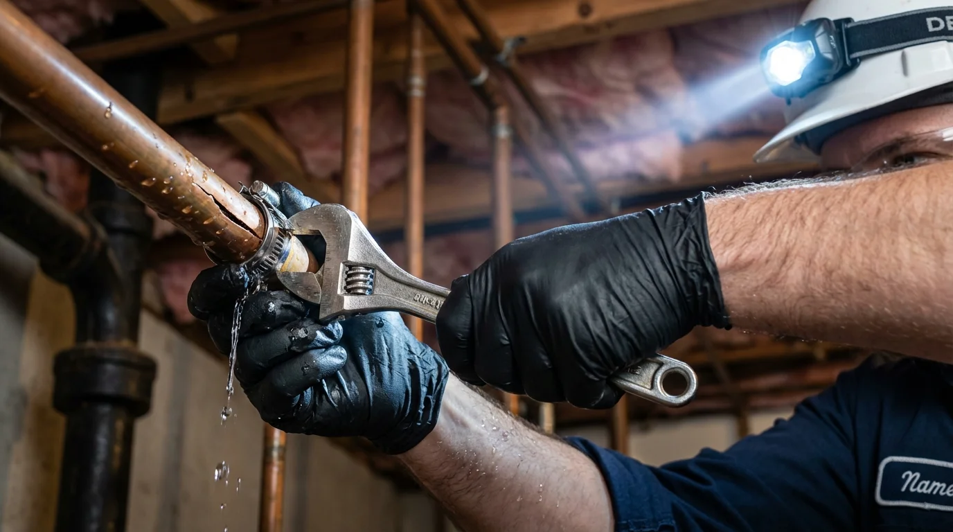 Emergency pipe clamp repair being performed by a Johns Plumbing LLC plumber in New Lexington