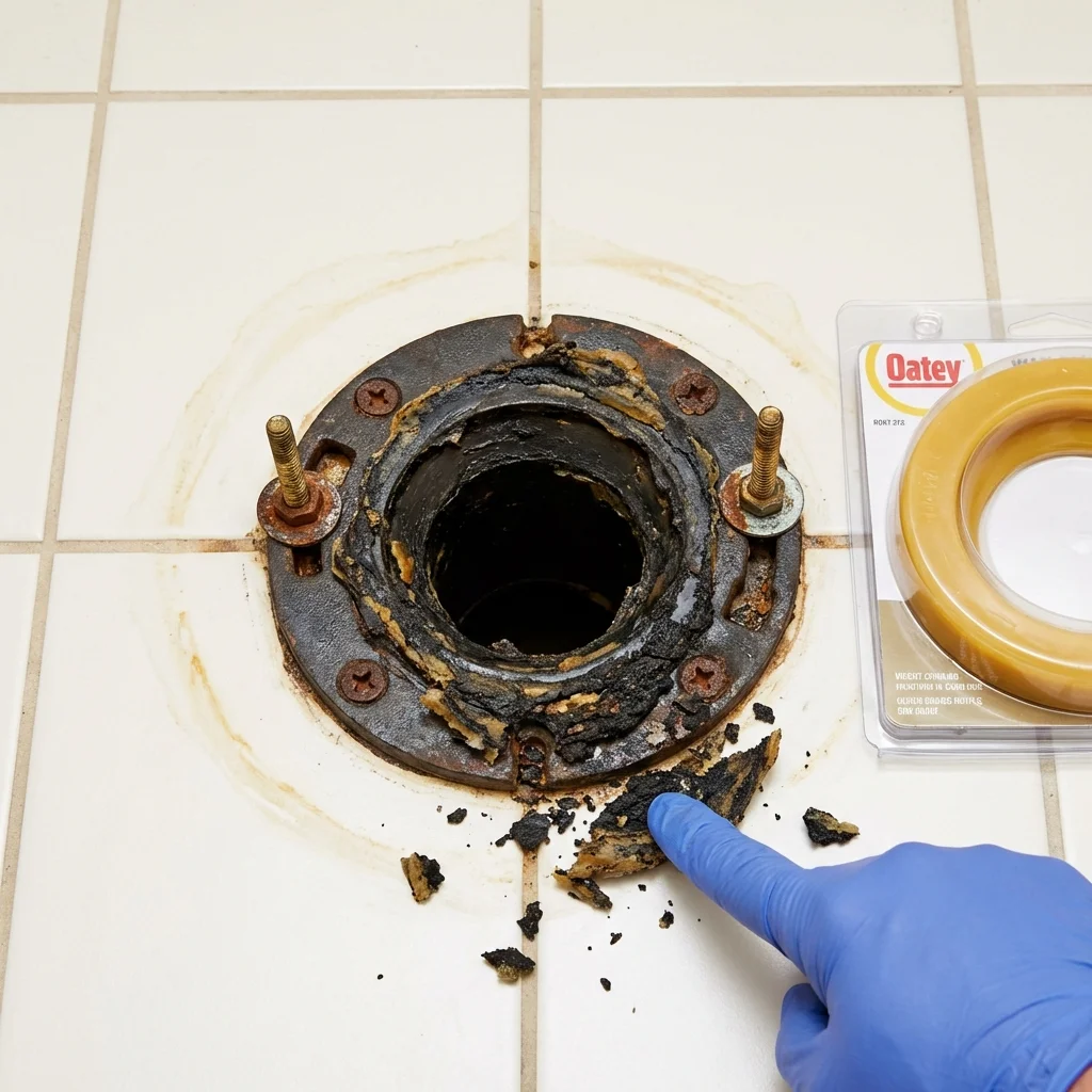 Failed wax ring showing water seepage at the base of a toilet in a New Lexington, OH home