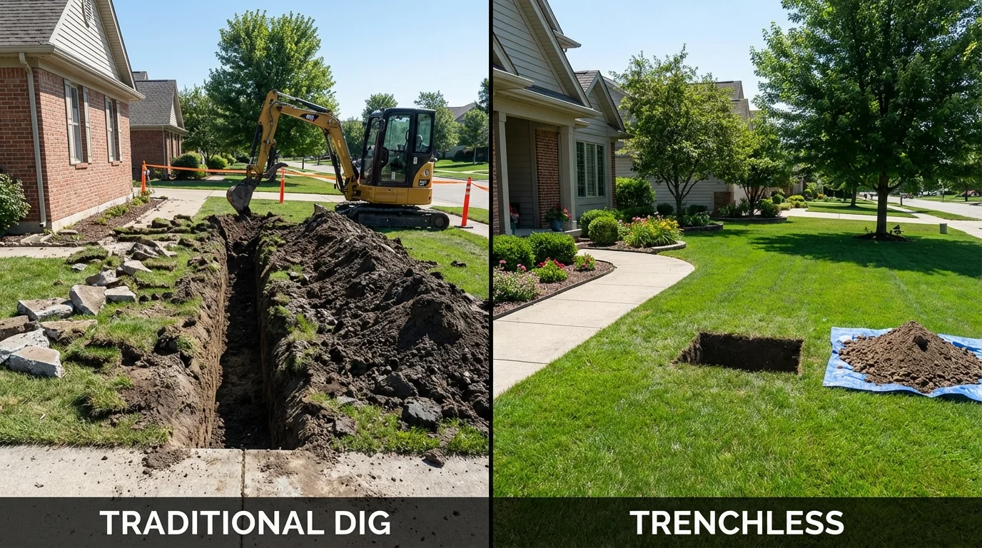 Trenchless sewer repair with minimal yard damage versus traditional excavation in New Lexington, OH