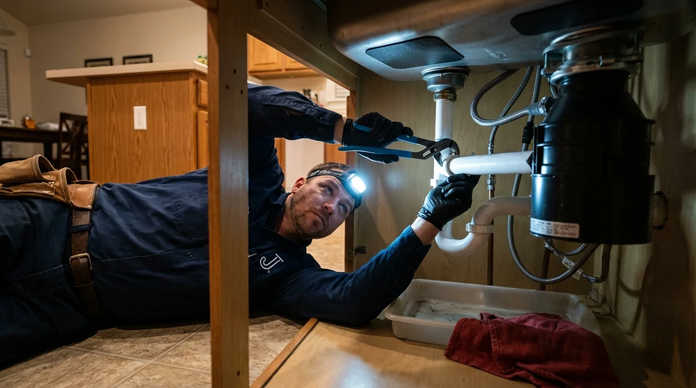 P-trap and supply line connections under a kitchen sink showing a common leak point in New Lexington, OH